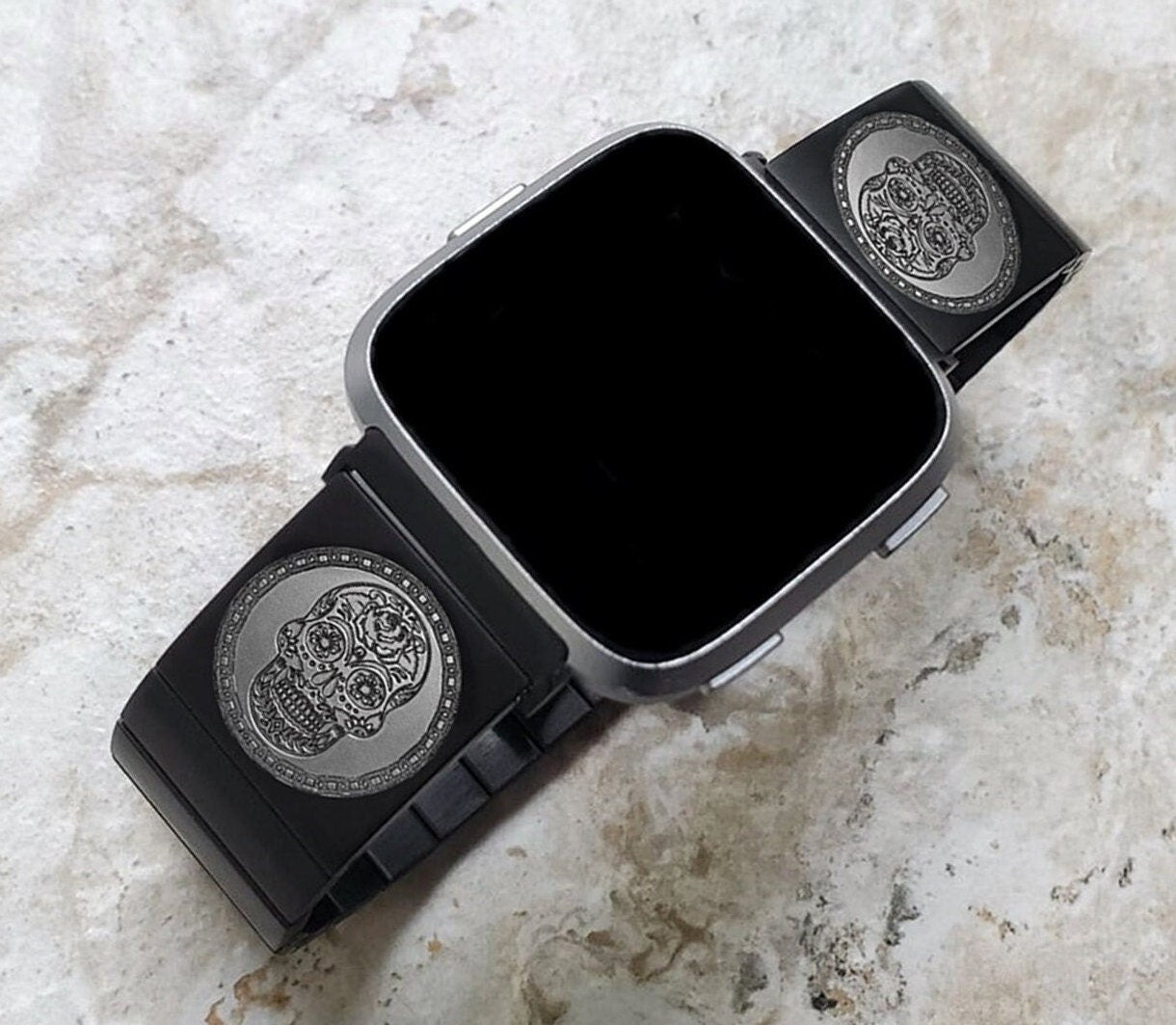 Engraved Watch Band Compatible with Fitbit Versa Lite 2 3 4 and Sense 2 Smartwatches Black Color Stainless Steel Strap Bracelet SS2